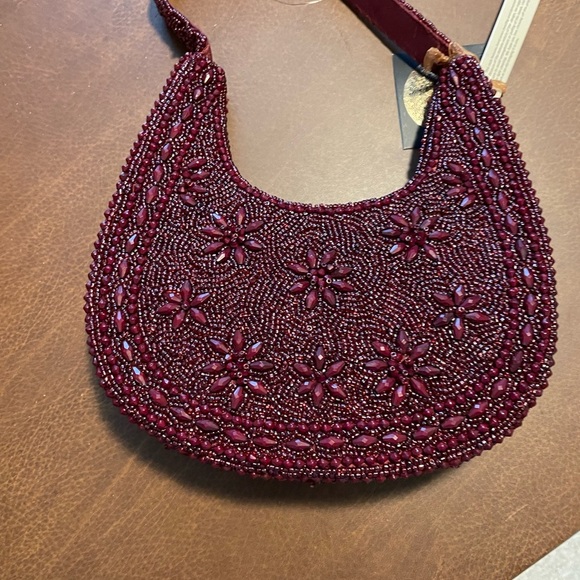 From You to India Hand Beaded Flower Purse, Solid Burgundy, Floral Design. - Picture 6 of 7